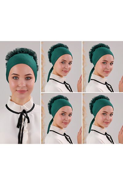Melodi Scarf Σμαραγδένιο καπό Hijab 5 τεμαχίων - με βολάν και λεπτομέρεια ραφής