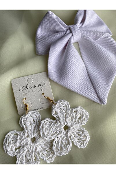 öyküsh collection White Ribbon Roles and Earrings Set