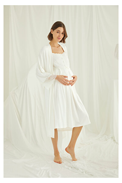 MONAMİSE Monamise Tül Detaylı Patlı Lohusa Gecelik Sabahlık Takım 18202