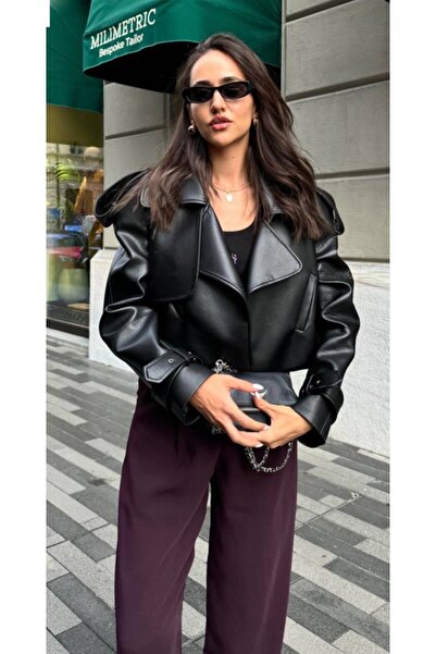 maf collection jachetă neagră din piele căptușită pentru femei