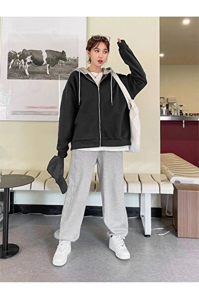 MARECASH Unisex Düz Siyah Gri Kapüşonlu Oversize Hırka