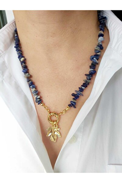 DEVİ fashion Yaprak Uçlu Lapis Lazuli Doğal Taş Kolye
