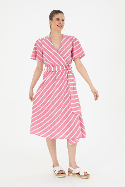 U.S. Polo Assn. Rochie țesută midi cu dungi roz pentru femei 50280572-VR041