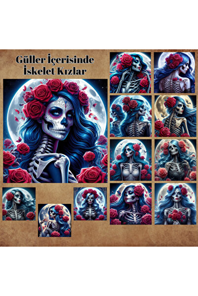 Pink Swan Craft Devojke-skeleti u ružama, set od 12 komada, spomenar, bullet ...