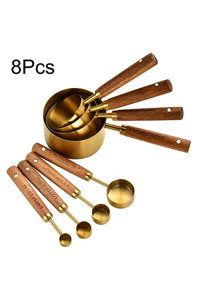 Choice 8pcs Gold 1/4/8pcs Gold Wooden Handle Stainless Steel Measuring Cups Spoons Baking Tools Coffee Bart