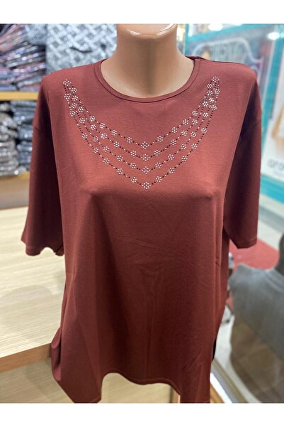 TCR Kadın Likralı Taşlı Kısa Kol Penye Büyük Beden Bluz