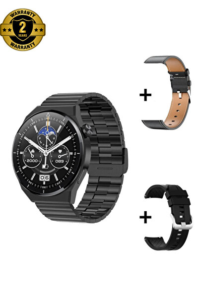 LaraThec Erkek Siyah Akıllı Saat gt3 Gümüş 3 Kordonlu Ios ve Android Uyumlu D...