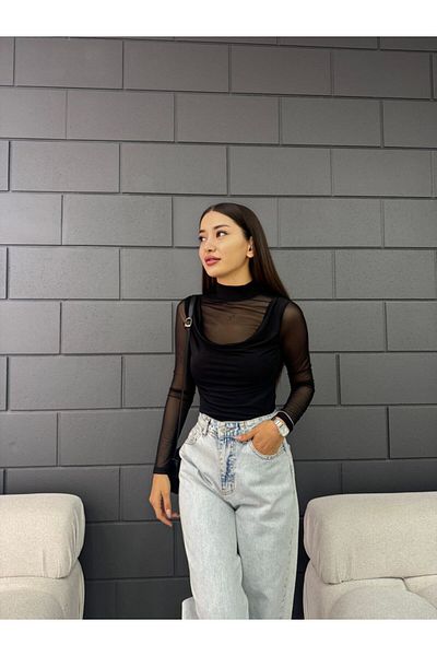 Fav Style Γυναικείο γιακά με μακρυμάνικο μπροστινό δαντέλα Λεπτομερής μπλούζα από τούλι Μαύρη