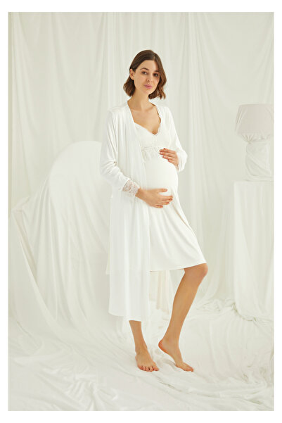 MONAMİSE Monamise Tül ve Güpür Detaylı Lohusa Gecelik Sabahlık Takımı18429