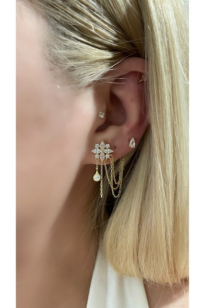 Luna Argento ÇİÇEK VE DAMLA MODEL ZİNCİRLİ 2'Lİ KÜPE