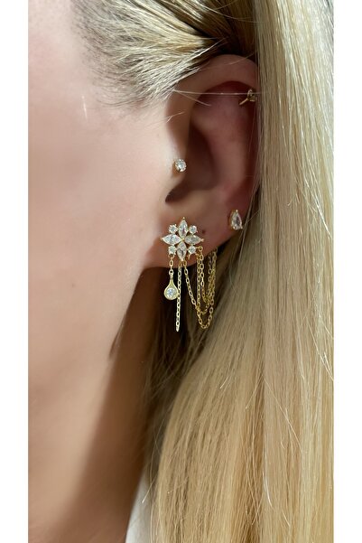 Luna Argento ÇİÇEK VE DAMLA MODEL ZİNCİRLİ 2'Lİ KÜPE