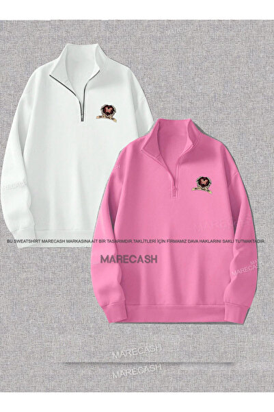 MARECASH 2 Lİ Pembe Beyaz ( W ) baskılı dik yakalı yarım fermuarlı Basic Yaka Sweatshirt İçi Polarlı Kışlık