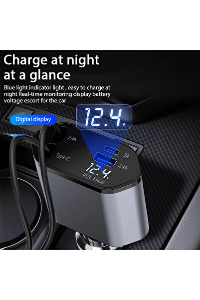 Choice 4 في 1 شاحن سيارة 4 في 1 120 وات مع محول ولاعة سجائر للسيارة قابل للسحب وكابل شحن سريع USB من النوع C