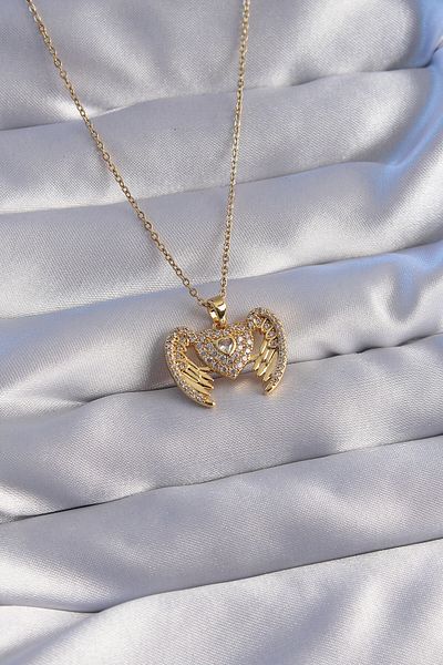 Store 316L سلسلة الصلب الذهب اللون الزركون حجر الملاك أجنحة القلب قلادة