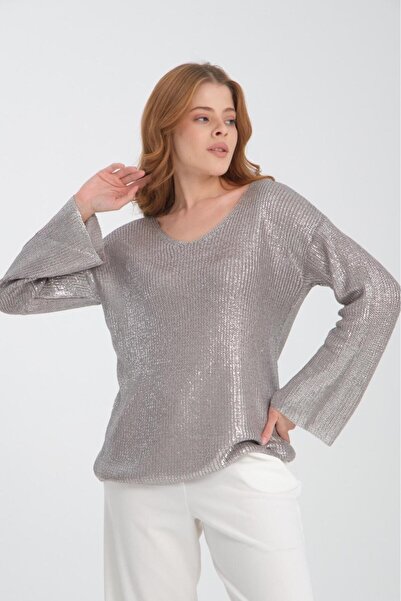 sumoda Kadın Varak Kaplama Işıltılı V Yaka Parlak Uzun Merserize Triko Kazak