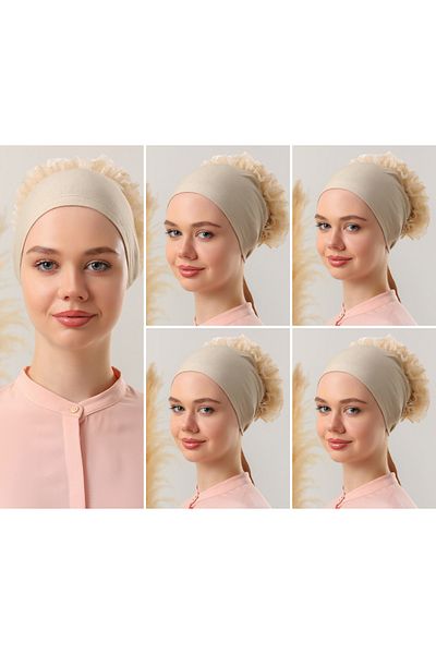 Melodi Scarf Σετ 5 Μπεζ Hijab με μοτίβο - Καπό ραφής με βολάν