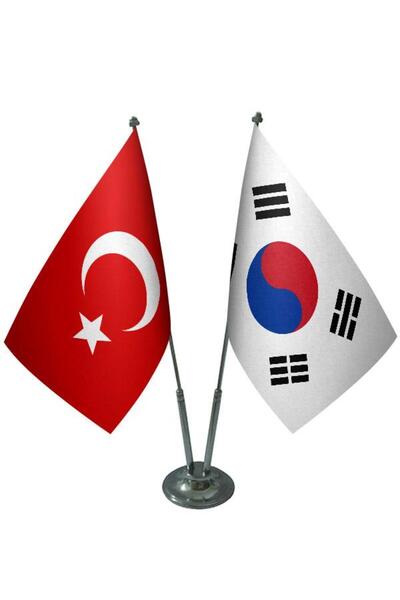 Saturn Masa Üstü Güney Kore Bayrağı Türk Bayrağı İkili Krom Direk Masa Bayrak...