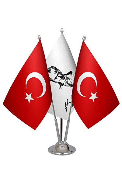 Saturn Masa Üstü Atatürk Imzalı Bayrağı Türk Bayrağı Üçlü Krom Direk Masa Bay...
