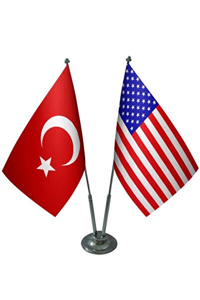 Saturn Masa Üstü Amerika Bayrağı Türk Bayrağı Ikili Krom Direk Masa Bayrak Seti
