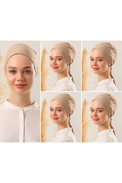 Melodi Scarf Σετ χτενισμένο βαμβακερό καπό Hijab 5 τεμαχίων σε χρώμα καφέ γάλακτος