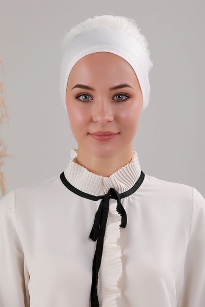Melodi Scarf Ecru Γυναικεία Hijab - Καπό 5 τεμαχίων με βολάν και λεπτομέρεια ραφής