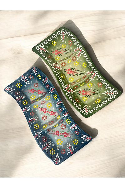 Artistic Quality Decorative 2 Pieces 3-Compartment Stylish Tulip Tile Designed Completely Handmade Breakfast-Snack Bowl-Sauce Bowl