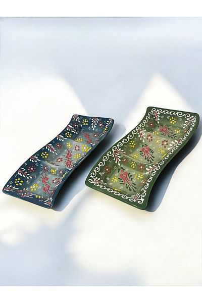 Artistic Quality Decorative 2 Pieces 3-Compartment Stylish Tulip Tile Designed Completely Handmade Breakfast-Snack Bowl-Sauce Bowl