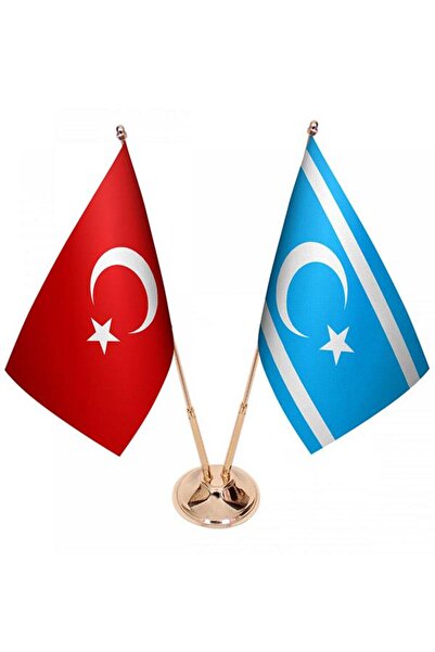 Saturn Masa Üstü Kerkük Türkmeneli Bayrağı Türk Bayrağı Ikili Pirinç Direk Ma...