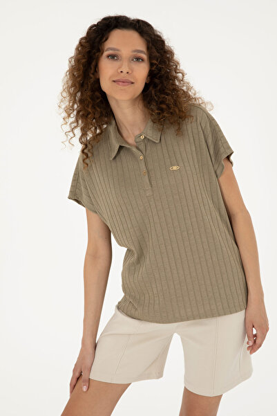 U.S. Polo Assn. Χακί γυναικείο μπλουζάκι με γιακά πόλο -50281892-VR027