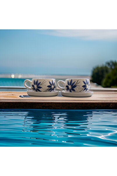 Çiporcal Beren Yıldız Çiçeği Lacivert 2li Tabaklı Kupa Seti El Dekoru