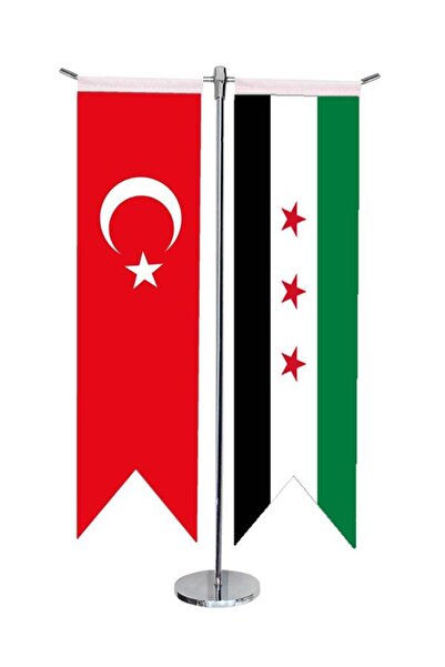 Saturn Masa Üstü Kırlangıç Özgür Suriye Ordusu Bayrağı Türk Bayrağı + Krom T Direk Masa Bayrak Seti