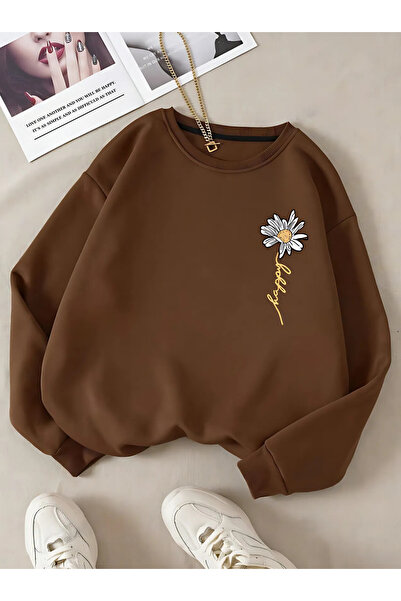 BEETON Φούτερ με μοναχικό σχέδιο Daisy - Καφέ Oversize Crew Neck