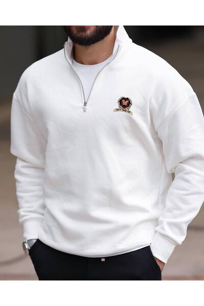 MARECASH Beyaz ( W ) baskılı dik yakalı yarım fermuarlı Basic Yaka Sweatshirt...