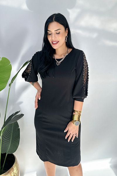 GÖKSEL Plus Size Black Evening Dress with Sleeve Detail