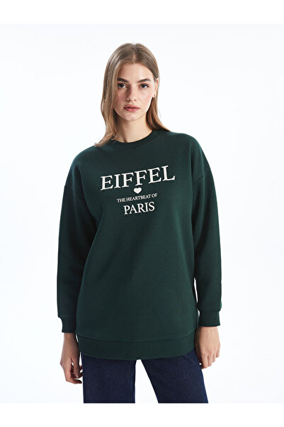 LC Waikiki LCW Modest Yeşil Bisiklet Yaka Baskılı Oversize Kadın Sweatshirt Tunik