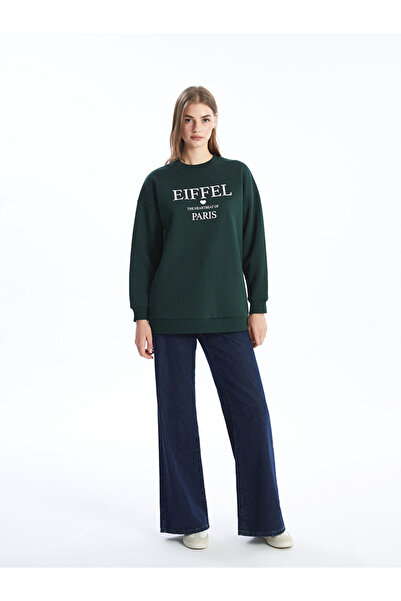 LC Waikiki LCW Modest Yeşil Bisiklet Yaka Baskılı Oversize Kadın Sweatshirt Tunik