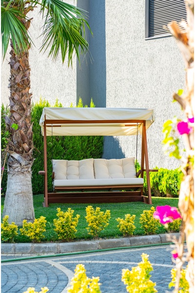 WOODMAN FURNITE & WOOD LİA TROPIC AHŞAP BALKON BAHÇE SALINCAĞI MASİF MAUN AĞACI 300 KG KAPASİTELİ SÜNGERLİ