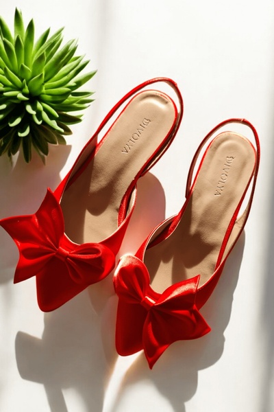 DURUNUN BUTİĞİ Duna Kırmızı Fiyonklu Saten (2 cm Topuklu) Bilekten Bantlı Sivri Burun Günlük Babet