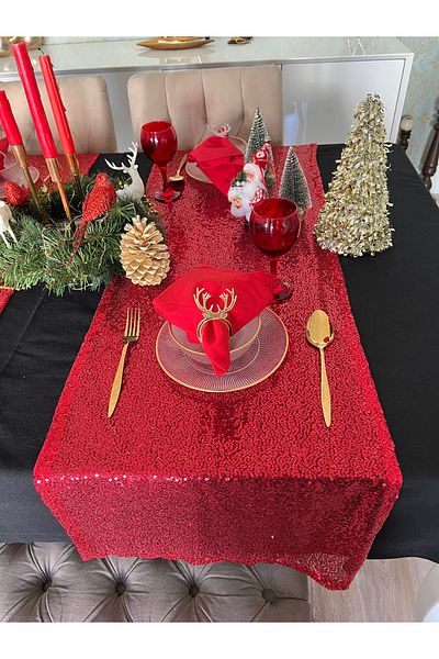 Ayd Home New Year's Red Sequined Runner - 43X135 Cm, 1 Piece, Sequin Tableware, Christmas Ranir, Christmas New Year