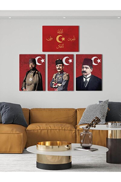 Saturn İttihat Terakki Sancağı Kanvas Tablo Seti 4'lü 40x55cm Enver Paşa Talat Paşa Cemal Paşa Ittihat Bayr