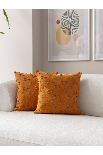 SWITA İkili Dekoratif Puantiye Keten Kumaşlı Kırlent Kılıfı 43x43 Hardal