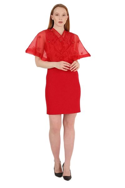 rapellin Double-breasted Collar Pearl Embroidered Dress 2203-red