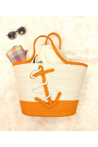 Antioch Art And Design Orange Oversized Anchor Design Handle and Beach Bag - Handcrafted Washable Cord Rope Bag