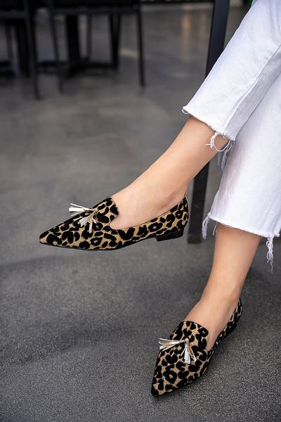 LAMİNTA Naoko Gold Leopard Patterned Tassel Detailed Women's Ballerinas