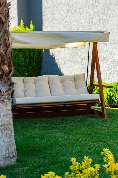 WOODMAN FURNITE & WOOD LİA TROPIC AHŞAP BALKON BAHÇE SALINCAĞI MASİF MAUN AĞACI 300 KG KAPASİTELİ SÜNGERLİ