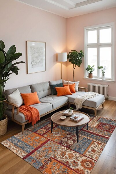 Depoba Sera Patchwork Şönil Doğal Pamuk Tabanlı Salon Halısı Kaymaz Antibakte...