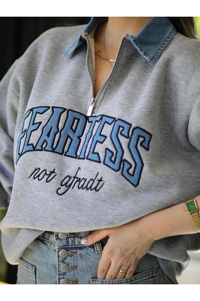 YouLikeButik Jean Detail Half Zipper Sweatshirt