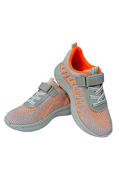 Liger Çocuk Örgülü Bağcıklı Cırtlı Spor Ayakkabı GRİ-TURUNCU