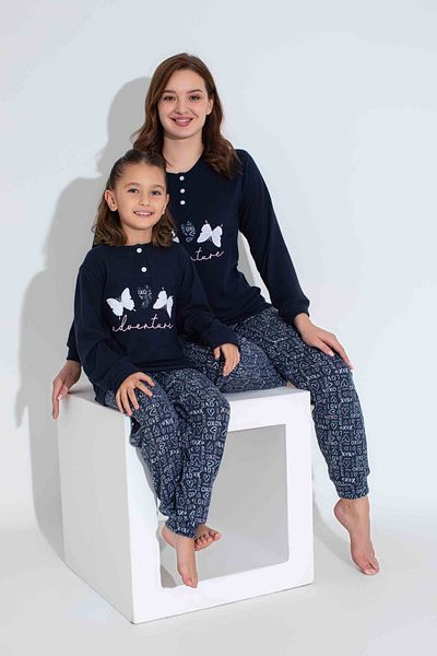 Tarık Mother and Girl Thermal Navy Blue Butterfly Embroidered Winter Warm Pajamas Set