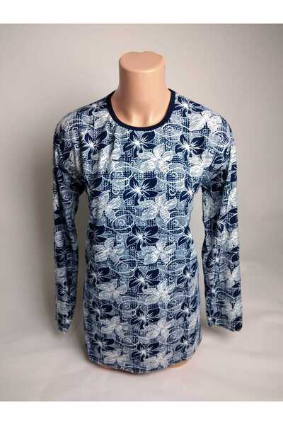 YAŞAR TRİKO Μπλε και λευκό μοτίβο - Γυναικείο μπλουζάκι με μακρυμάνικο λαιμόκοψη εποχιακό σουέτ